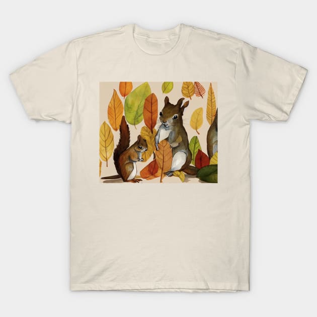 Squirrel mother and son with autumn leaves T-Shirt by fistikci